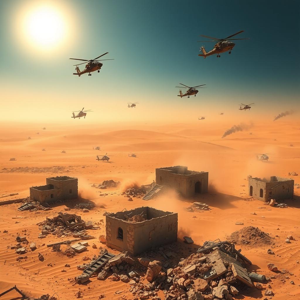 A dramatic scene depicting a desert war zone filled with the remnants of conflict