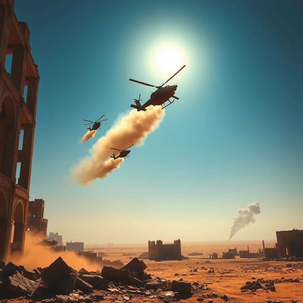 A powerful and evocative scene illustrating a desert war zone, characterized by harsh light and deep shadows