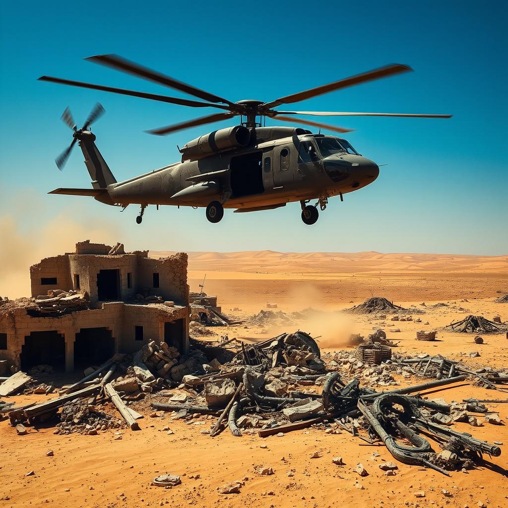A striking scene showcasing a desert war zone with a dramatic atmosphere