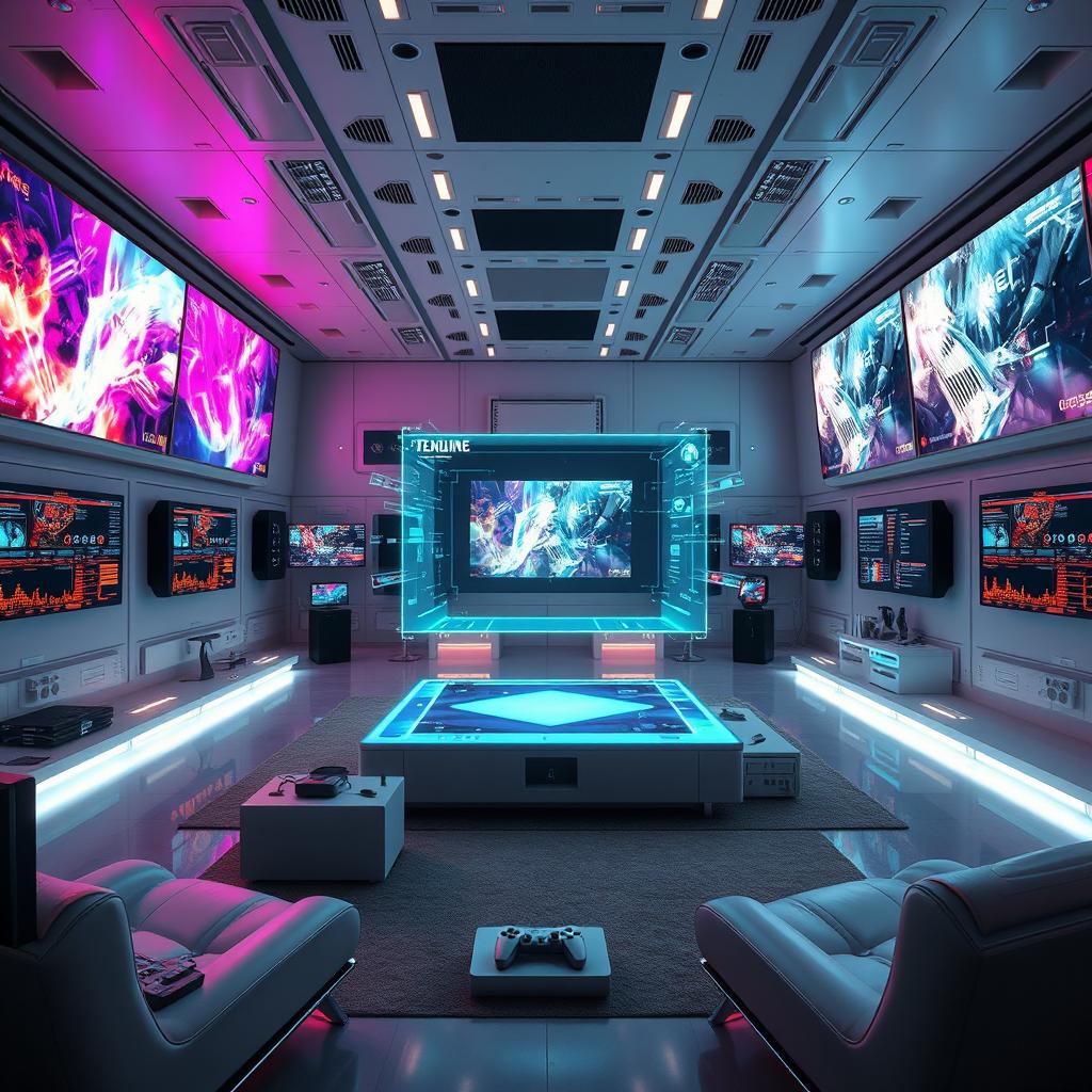 A futuristic room filled with multiple screens and advanced technology