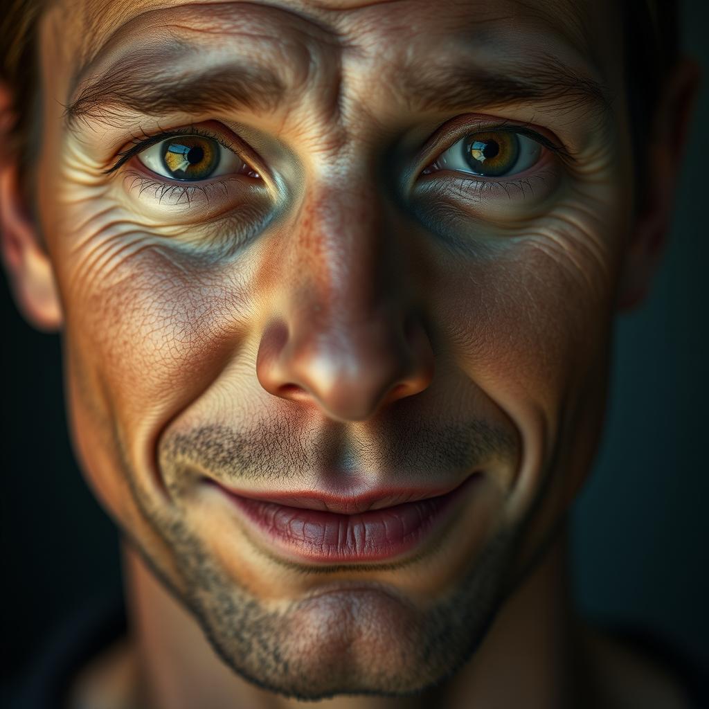 A highly detailed and realistic portrait of a person's face, capturing intricate facial features such as skin texture, natural imperfections, and expressive eyes