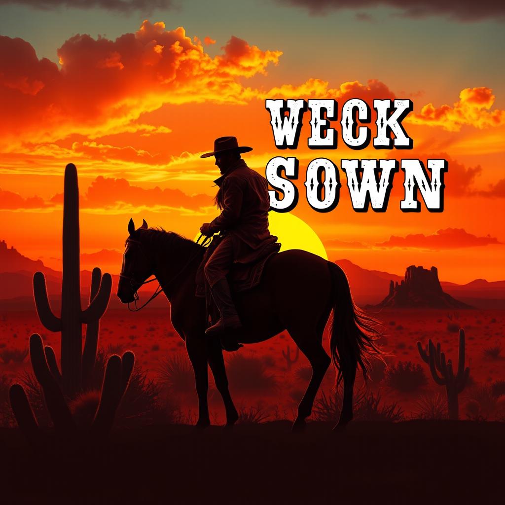 A striking western book cover featuring a lone cowboy on horseback, silhouetted against a vibrant sunset horizon in a desert landscape