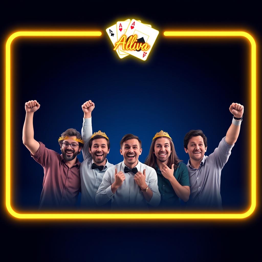 An image design featuring eight winners, framed with a vibrant neon border against a stunning navy blue background