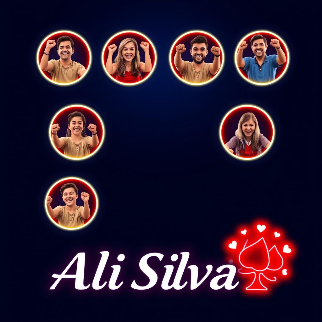 A design for a post featuring eight neon circles displaying images of winners, set against a stunning navy blue background