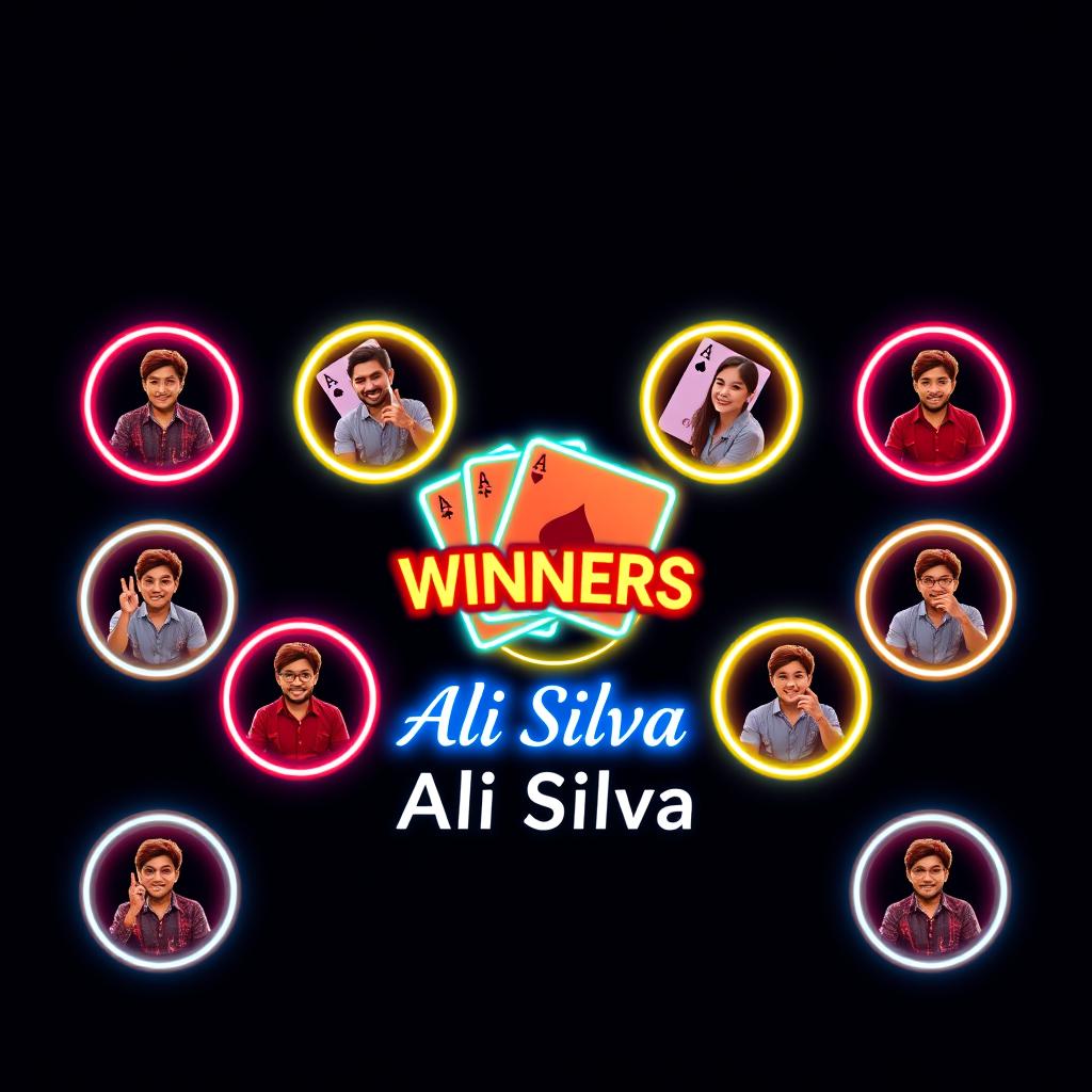 A professional social media post design featuring eight neon circles that display images of winners, strategically arranged throughout the composition for a balanced and engaging look