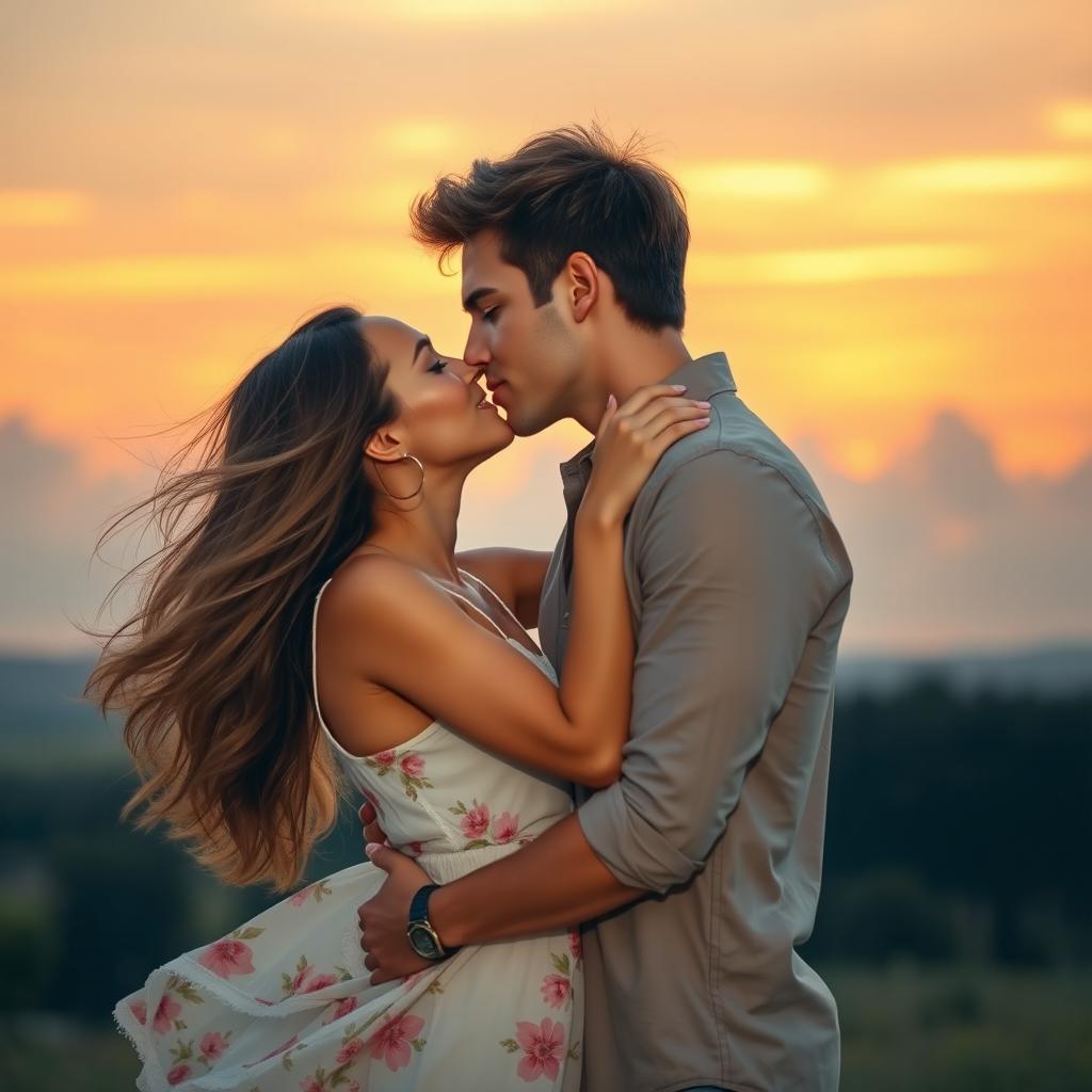 A romantic scene depicting a couple in an intimate kiss, surrounded by a beautiful sunset backdrop