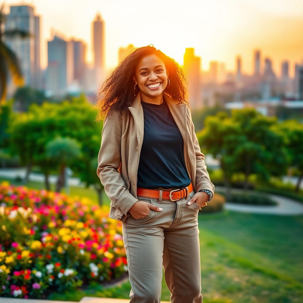 A tall, confident person standing proudly with a bright smile in a vibrant urban park