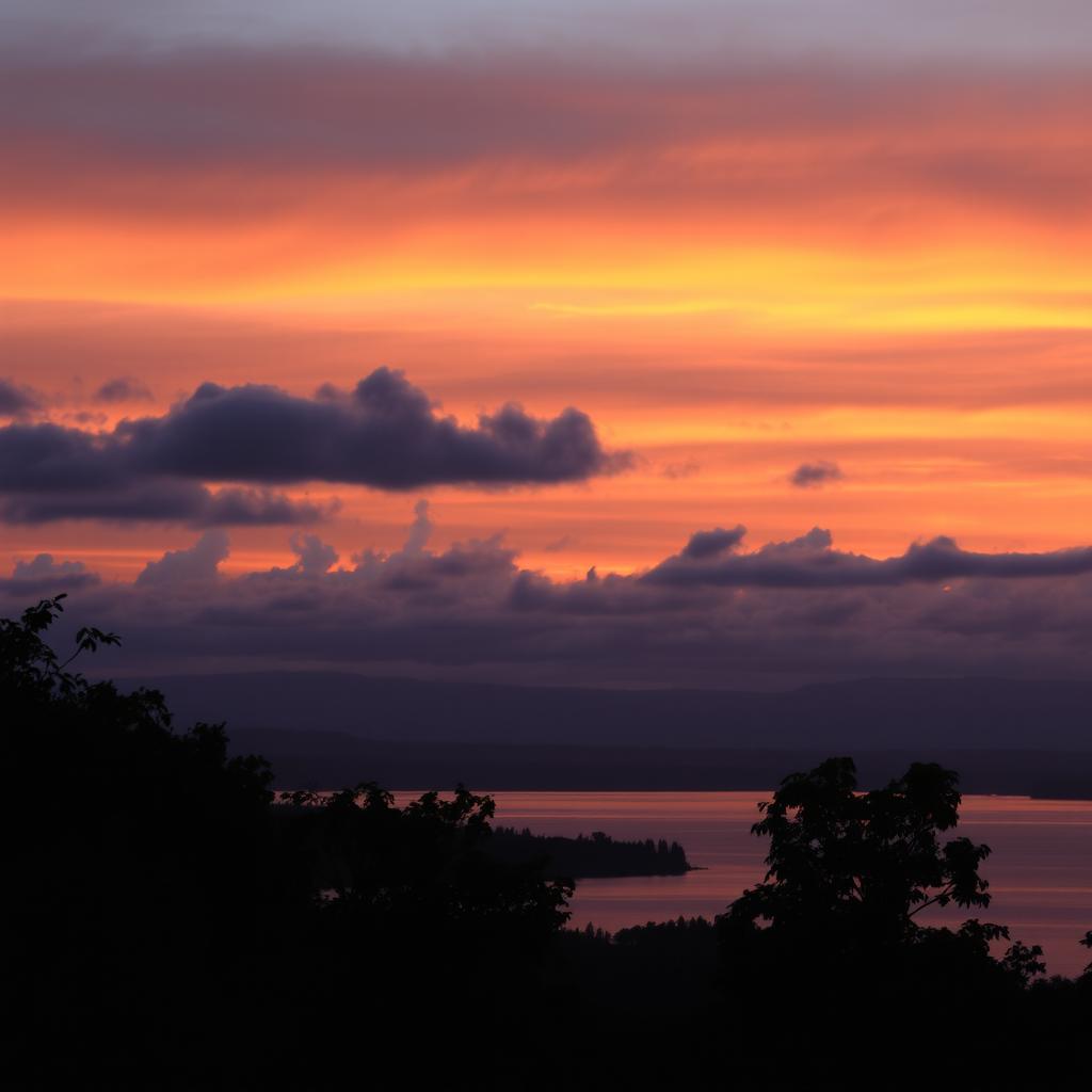 A beautiful landscape viewed after sunset, featuring a vibrant gradient of colors in the sky, transitioning from deep oranges to purples and blues
