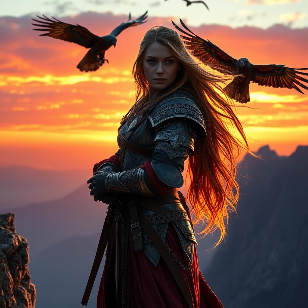 A captivating scene inspired by the movie Ladyhawke, featuring a strong female warrior clad in medieval armor with intricate details, long flowing hair captured in the wind, and an ethereal glow around her