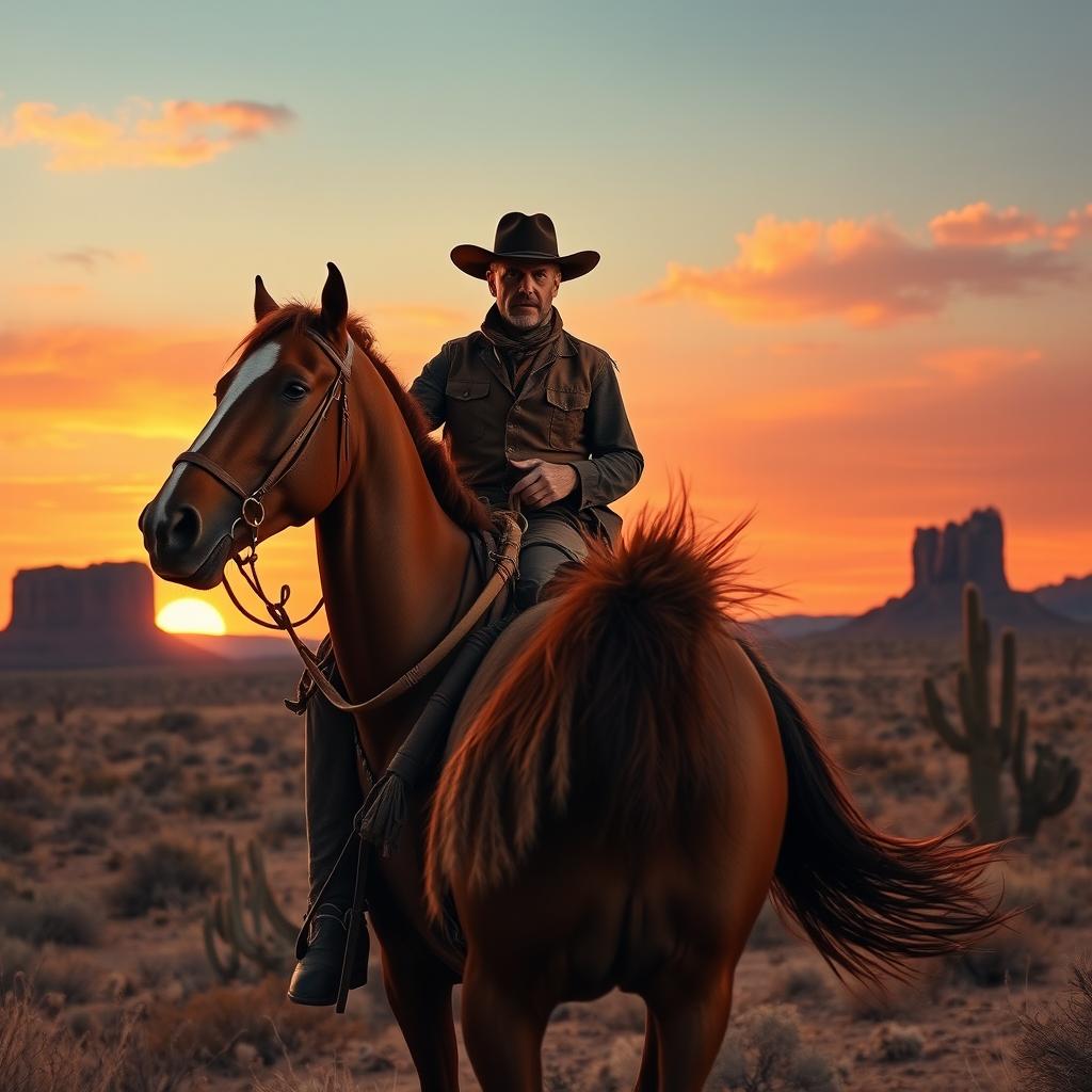 A classic Western scene depicting a rugged cowboy on horseback, riding through an expansive desert landscape at sunset