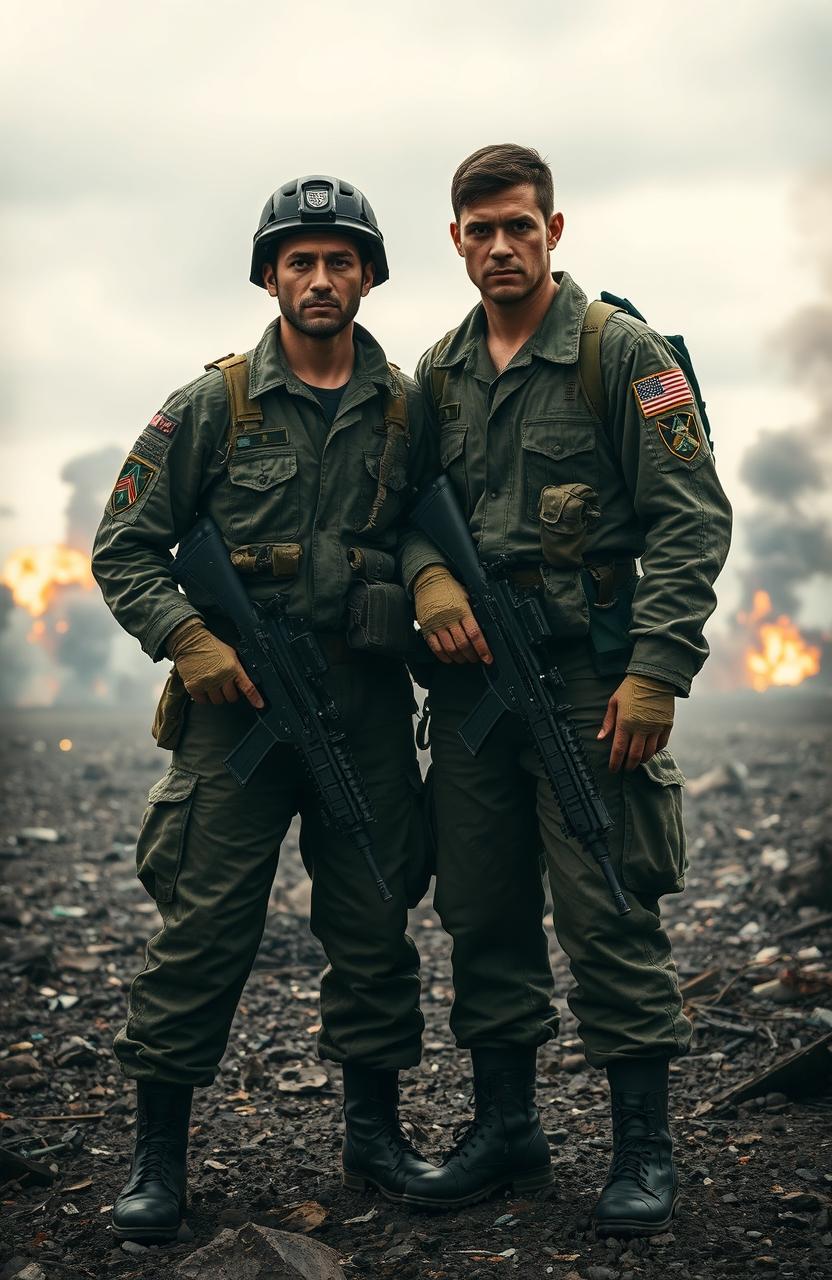 A dramatic scene depicting two soldiers, wearing military uniforms, standing together in a war-torn landscape