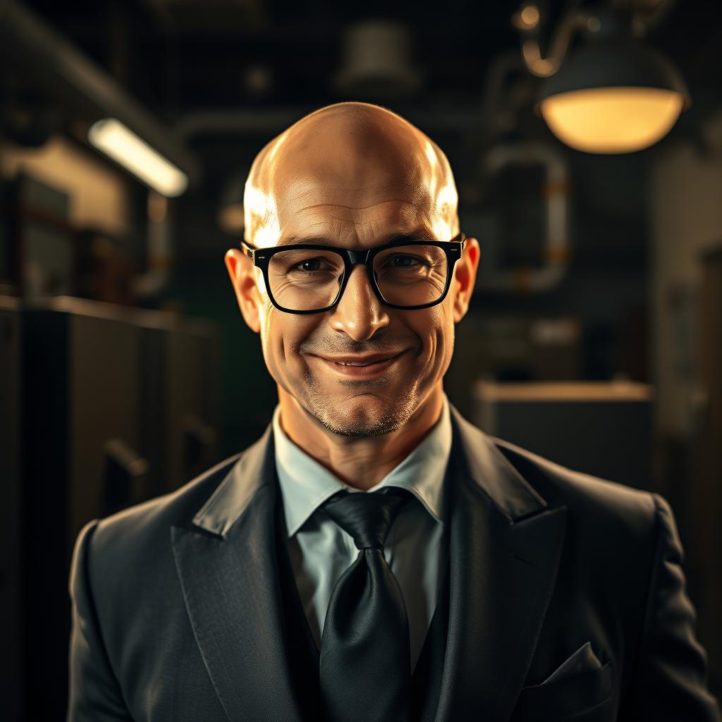 A captivating scene set in a clandestine factory, showcasing a bald man wearing an elegant suit and stylish glasses, who stands confidently with a welcoming smile