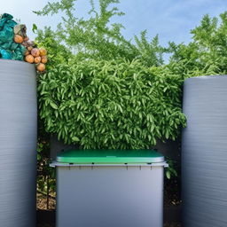 Start the image with a rectangular-shaped object symbolising the main structure of the EcoHarvestBin, a smart waste management system.