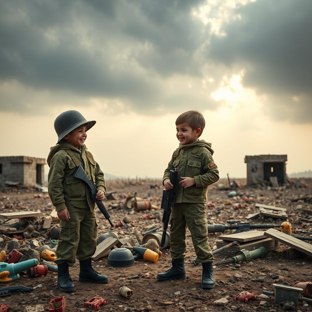 A poignant scene illustrating childhood innocence amidst a war-torn backdrop
