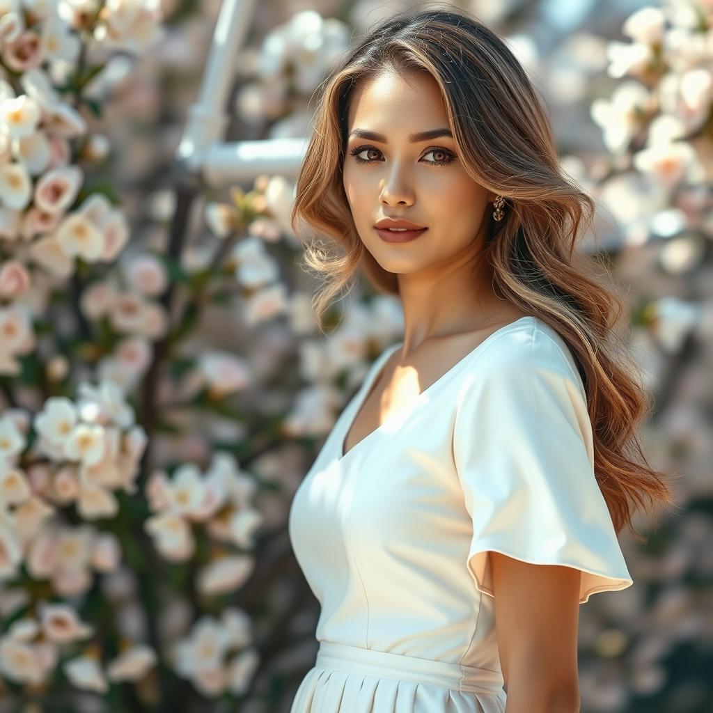 A stunning portrait of a beautiful woman in a soft cream-colored dress, standing elegantly against a serene backdrop of blooming flowers in soft pastel shades