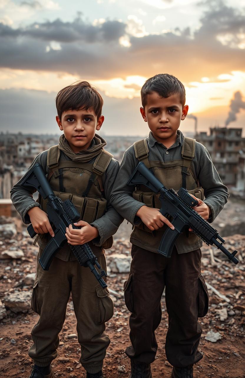 A poignant scene depicting two young boys, aged around 12, wearing makeshift military gear, standing side by side in a war-torn landscape