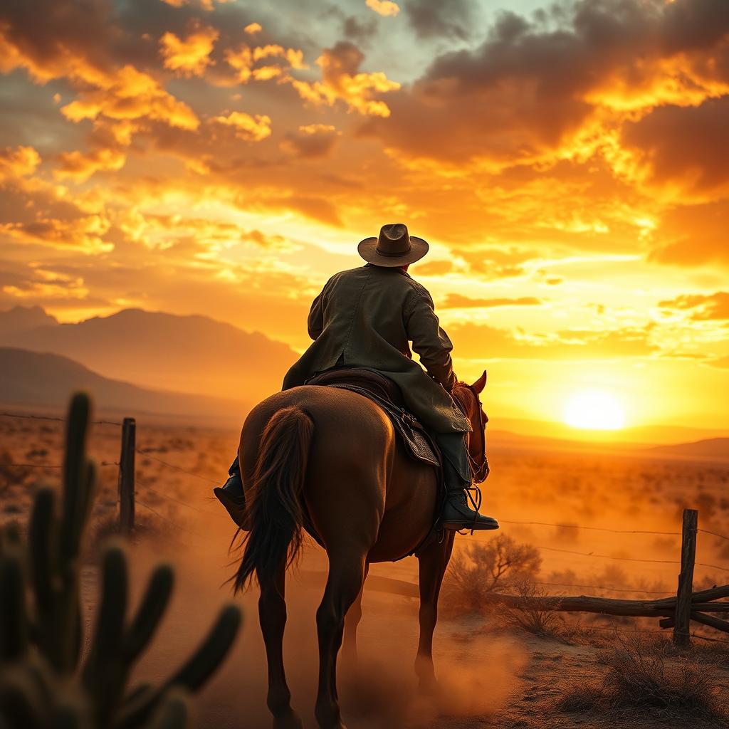 A captivating scene set in the Wild West, featuring a rugged cowboy on horseback riding through a dusty landscape