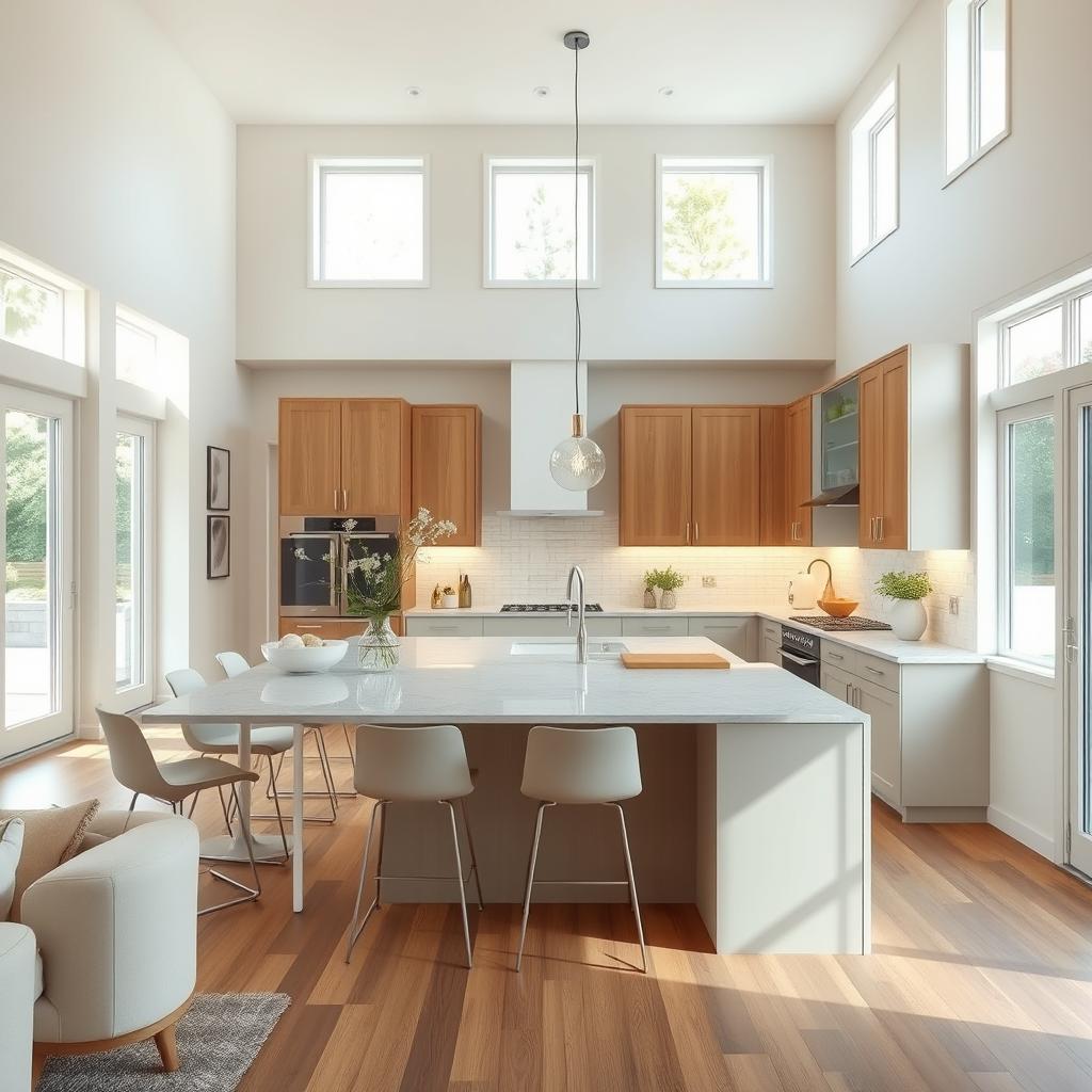 An airy open space created by knocking down the wall between the front room and dining area, featuring a stylish kitchen island that complements existing kitchen cabinets