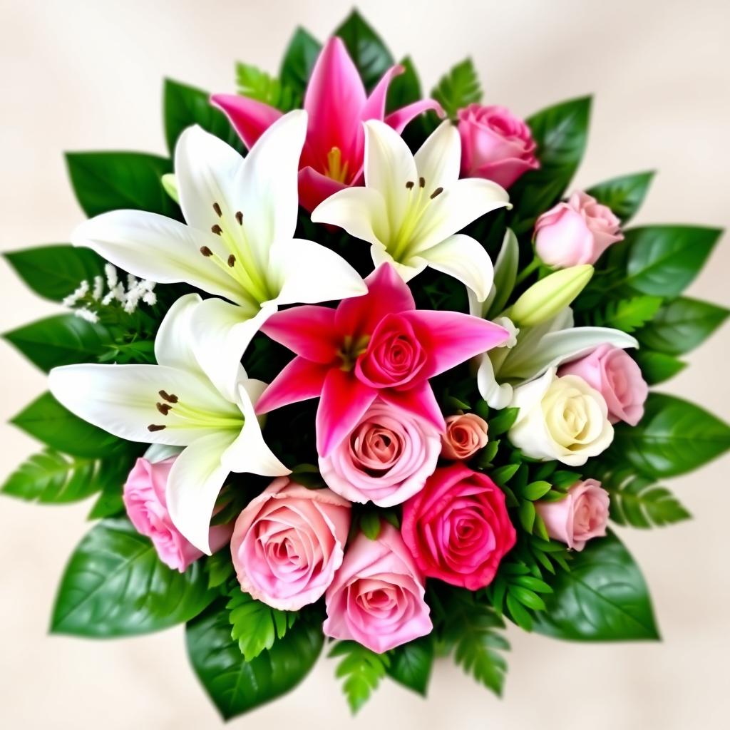 A beautifully arranged bouquet featuring 2 elegant white lilies, 3 vibrant pink lilies, 2 classic white roses, and 6 delightful pink roses