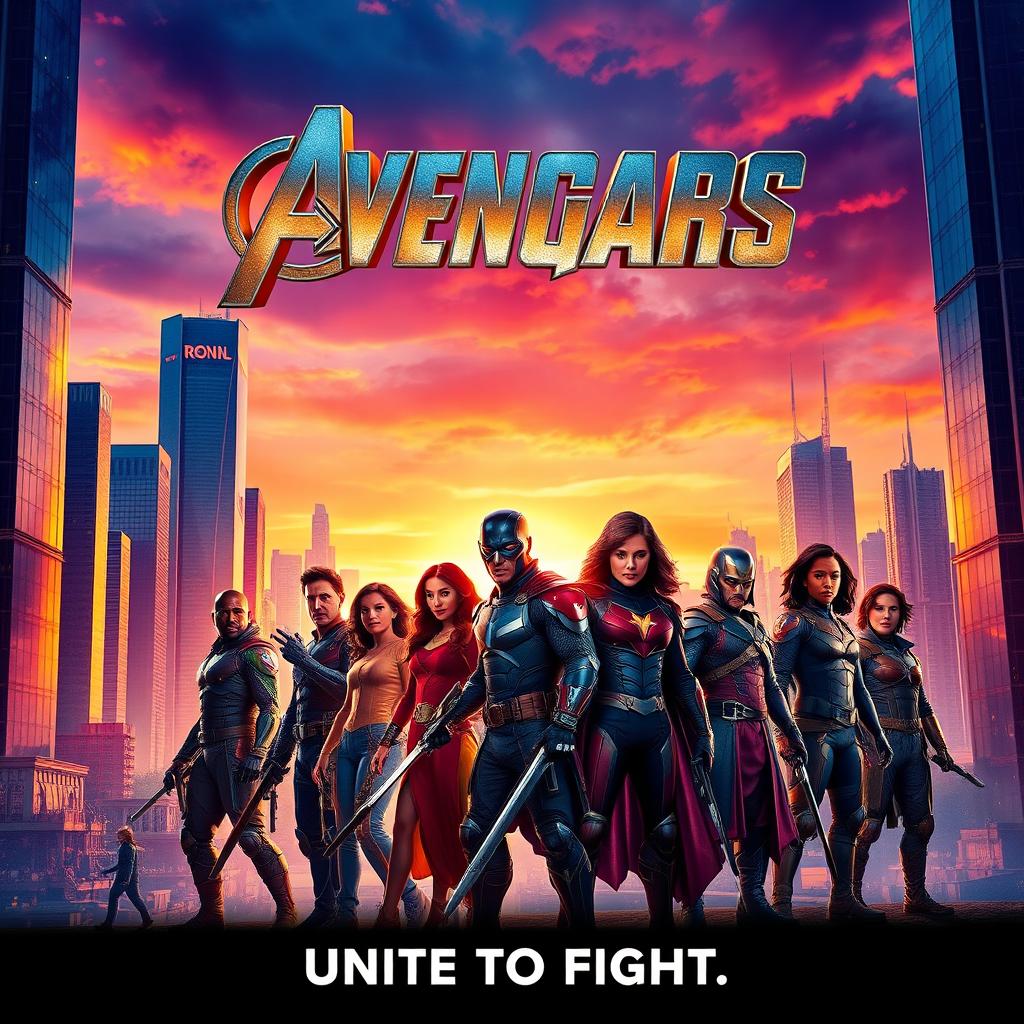 A captivating movie poster featuring a futuristic city skyline at sunset, with vibrant colors reflecting off glass skyscrapers
