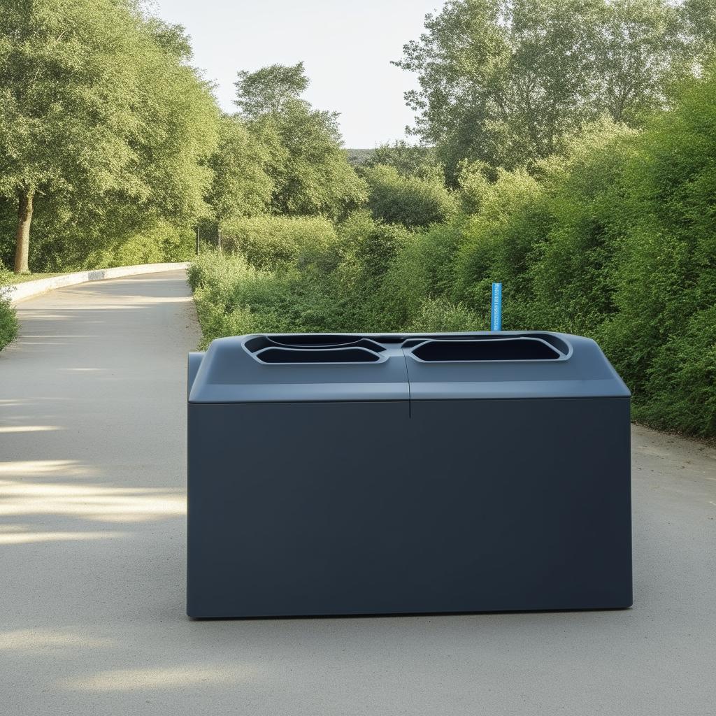 Start the image with a rectangular-shaped object symbolising the main structure of the EcoHarvestBin, a smart waste management system.