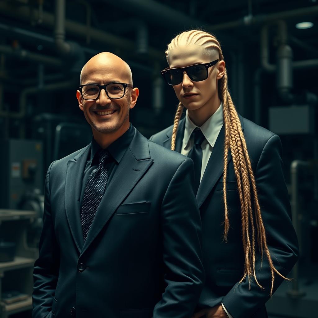 An engaging scene set in a clandestine factory, featuring a bald man dressed in a well-tailored suit, wearing stylish glasses and radiating confidence with a friendly smile