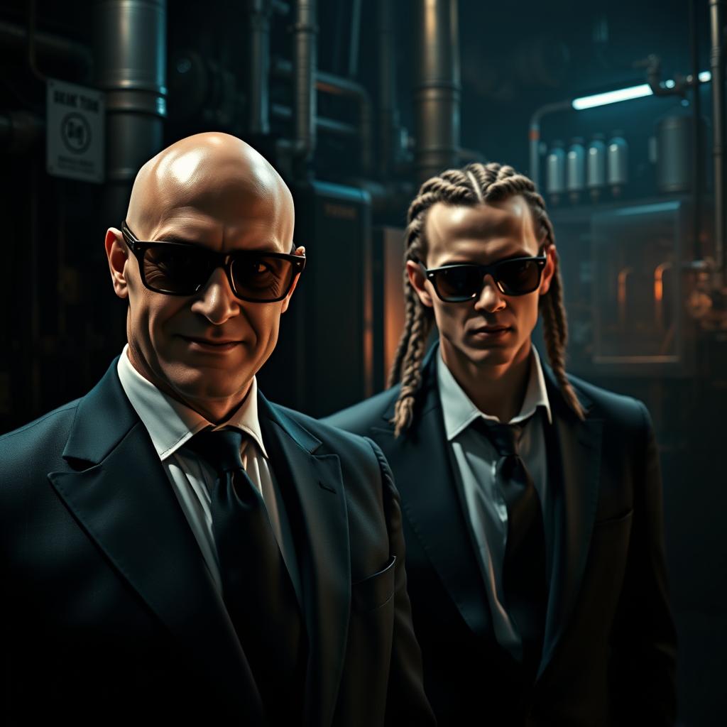 A striking scene inside a clandestine factory, illuminated with low, moody lighting that enhances the secretive vibe