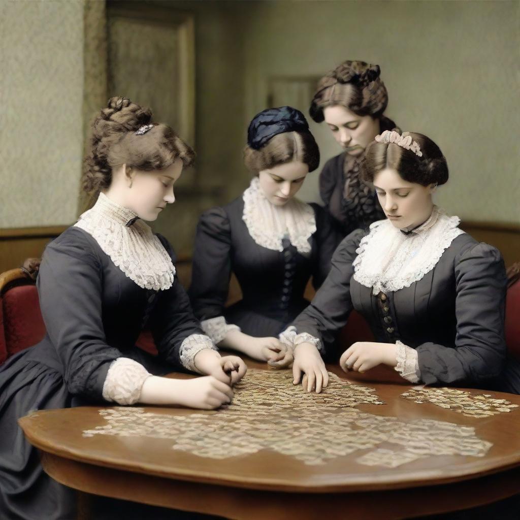 Victorian era fraternity ladies, dressed in period attire, sitting around a large wooden table, attentively assembling jigsaw puzzle pieces.