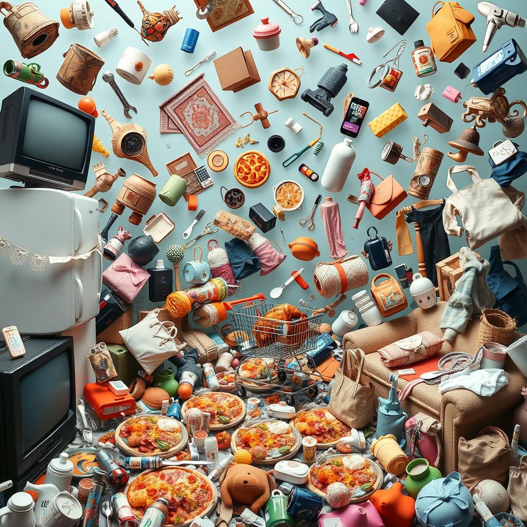 A surreal and whimsical scene featuring a multitude of objects such as a television, refrigerator, handheld wrench, shopping cart, carpet, screwdriver, mobile phone, various foods including pizza and roasted chicken, a sofa, a car, women's clothing, men's clothing, toothbrush, bags, and kitchen utensils