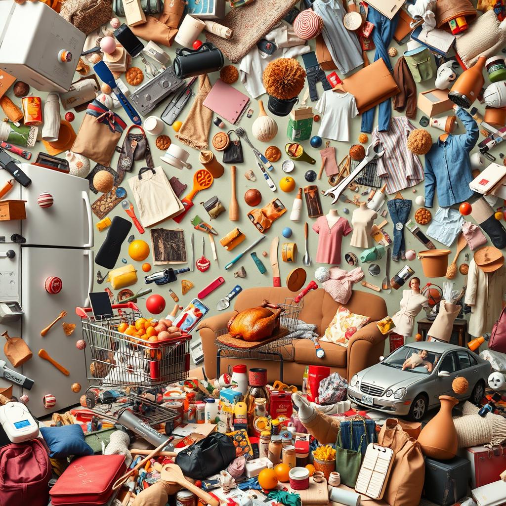 A surreal and whimsical scene featuring a multitude of objects such as a refrigerator, handheld wrench, shopping cart, carpet, screwdriver, mobile phone, various foods including roasted chicken, a sofa, a car, women's clothing, men's clothing, toothbrush, bags, and kitchen utensils
