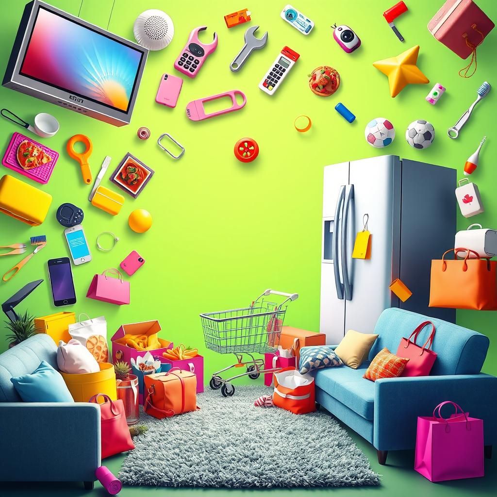 A vibrant and inviting scene for an online store cover, featuring a colorful assortment of various items such as a shiny television, a sleek refrigerator, a handy wrench, a shopping cart filled with groceries, a cozy carpet, an eye-catching screwdriver, a smartphone, delicious foods like a pizza and a beautifully roasted chicken, an elegant sofa, a stylish car, trendy women's and men's clothing, a bright toothbrush, chic bags, and an array of kitchen utensils