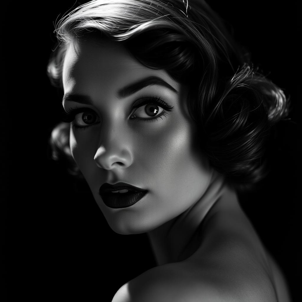 A portrait-style image depicting a glamorous individual inspired by 1920s Hollywood glamour, seen from a 3/4 angle at a 45-degree angle