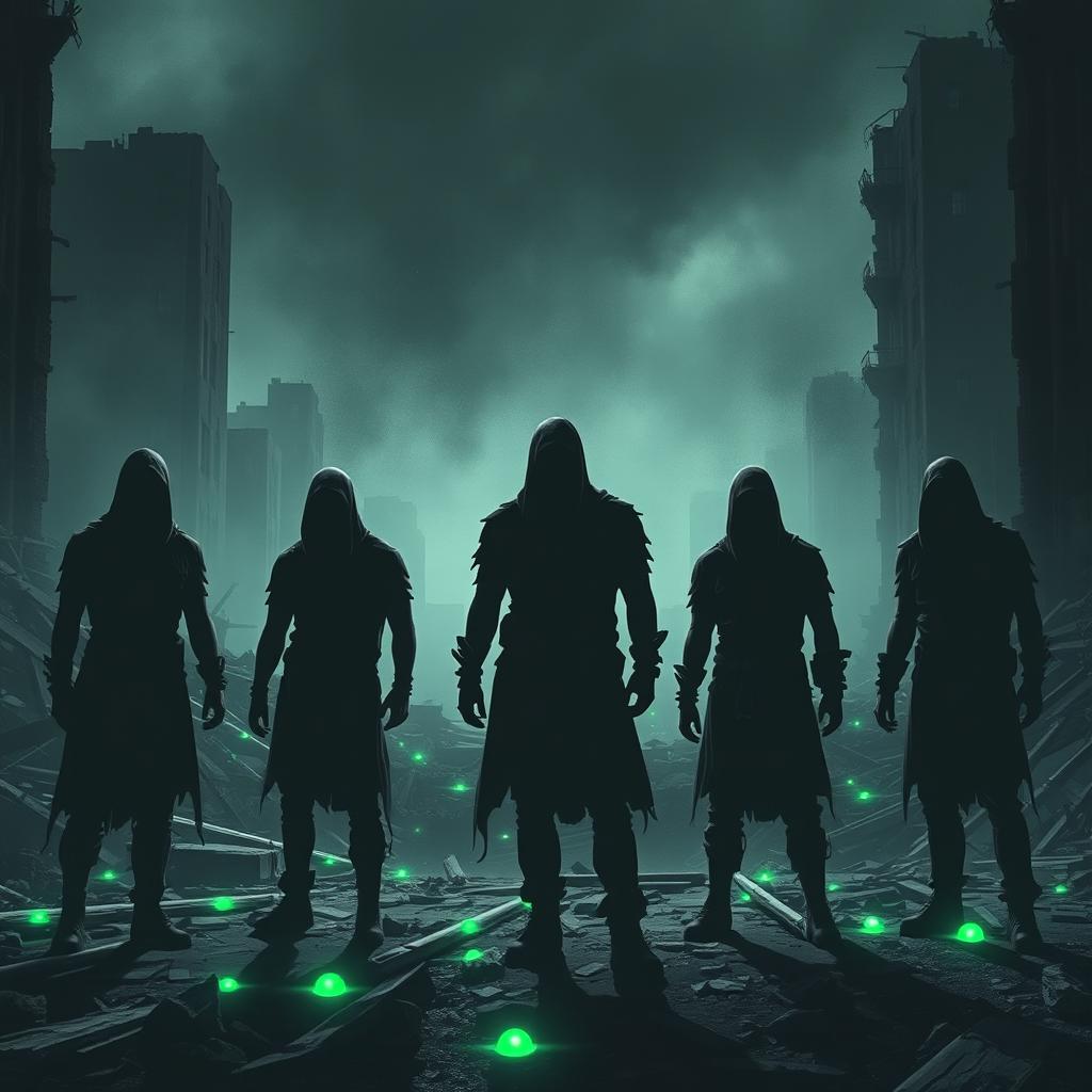 A dystopian scene depicting five shadowed men standing amidst the ruins of a destroyed city