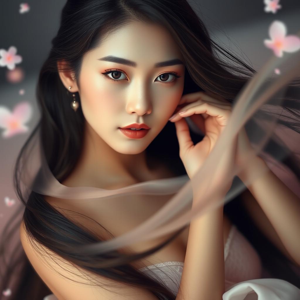 A beautiful Korean woman with long flowing hair, gracefully posed with an elegant and serene expression, surrounded by soft pastel colors and a dreamy, ethereal background