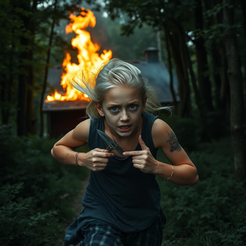 An 18-year-old girl with platinum blonde hair, bright blue eyes, and hands full of scars, running through a dense forest