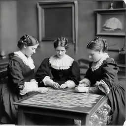 Victorian era fraternity ladies, dressed in period attire, sitting around a large wooden table, attentively assembling jigsaw puzzle pieces.