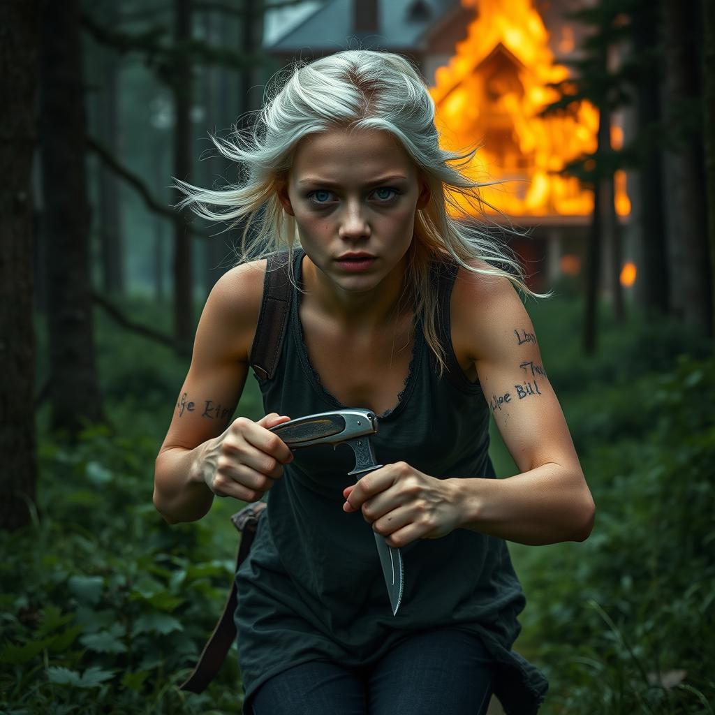 A 23-year-old girl with almost white blonde hair and striking blue eyes, running through a dense forest