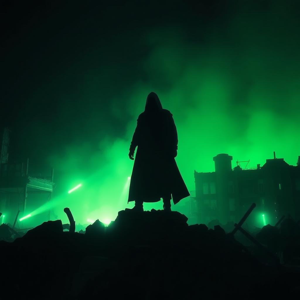 A mysterious figure shrouded in shadows stands atop the remnants of a destroyed city, surrounded by a haunting atmosphere