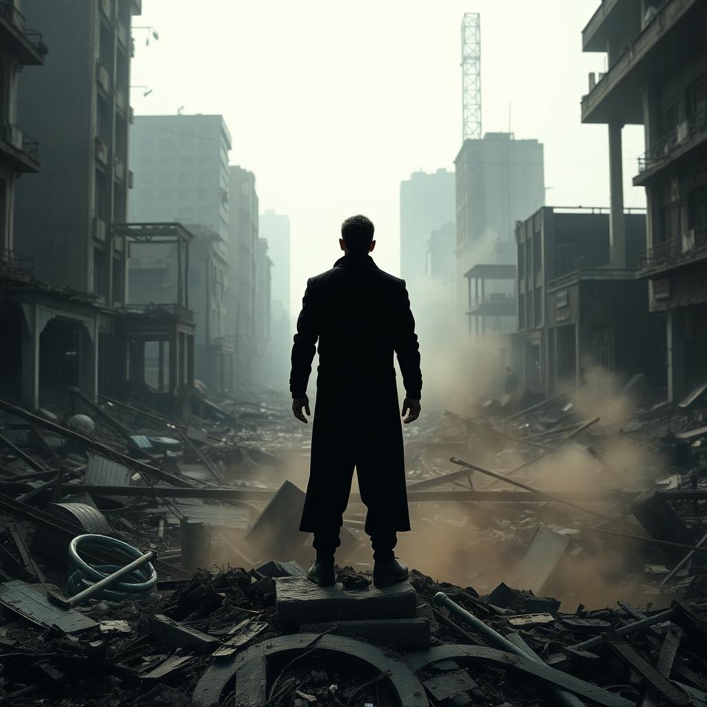 A solitary shadowed man stands atop the debris of a destroyed city, surrounded by the remnants of crumbling buildings and twisted metal