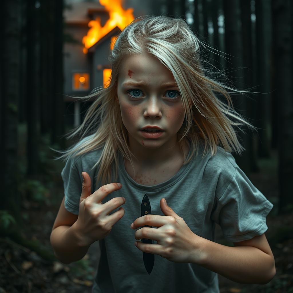 A 23-year-old girl with almost white blonde hair and bright blue eyes, running through a dense forest