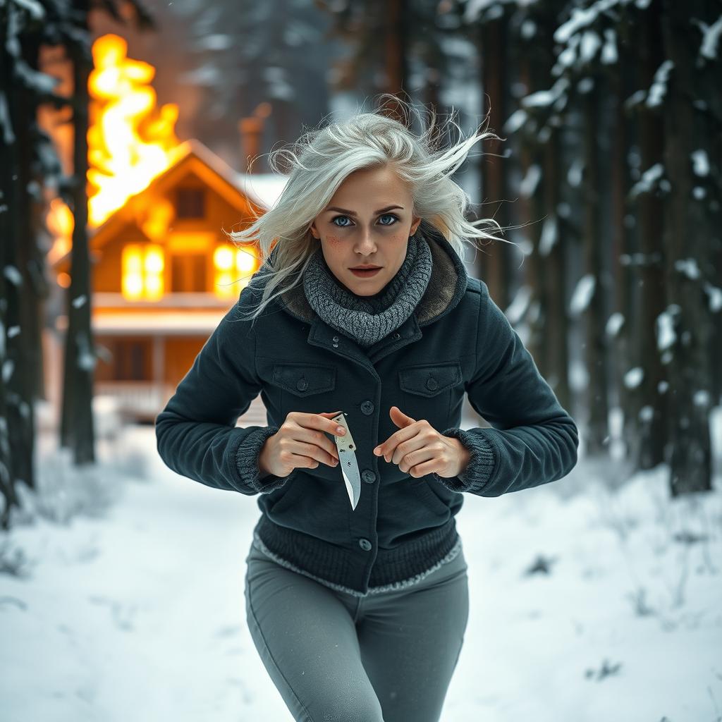 A 25-year-old woman with nearly white blonde hair and bright blue eyes, running through a snow-covered forest