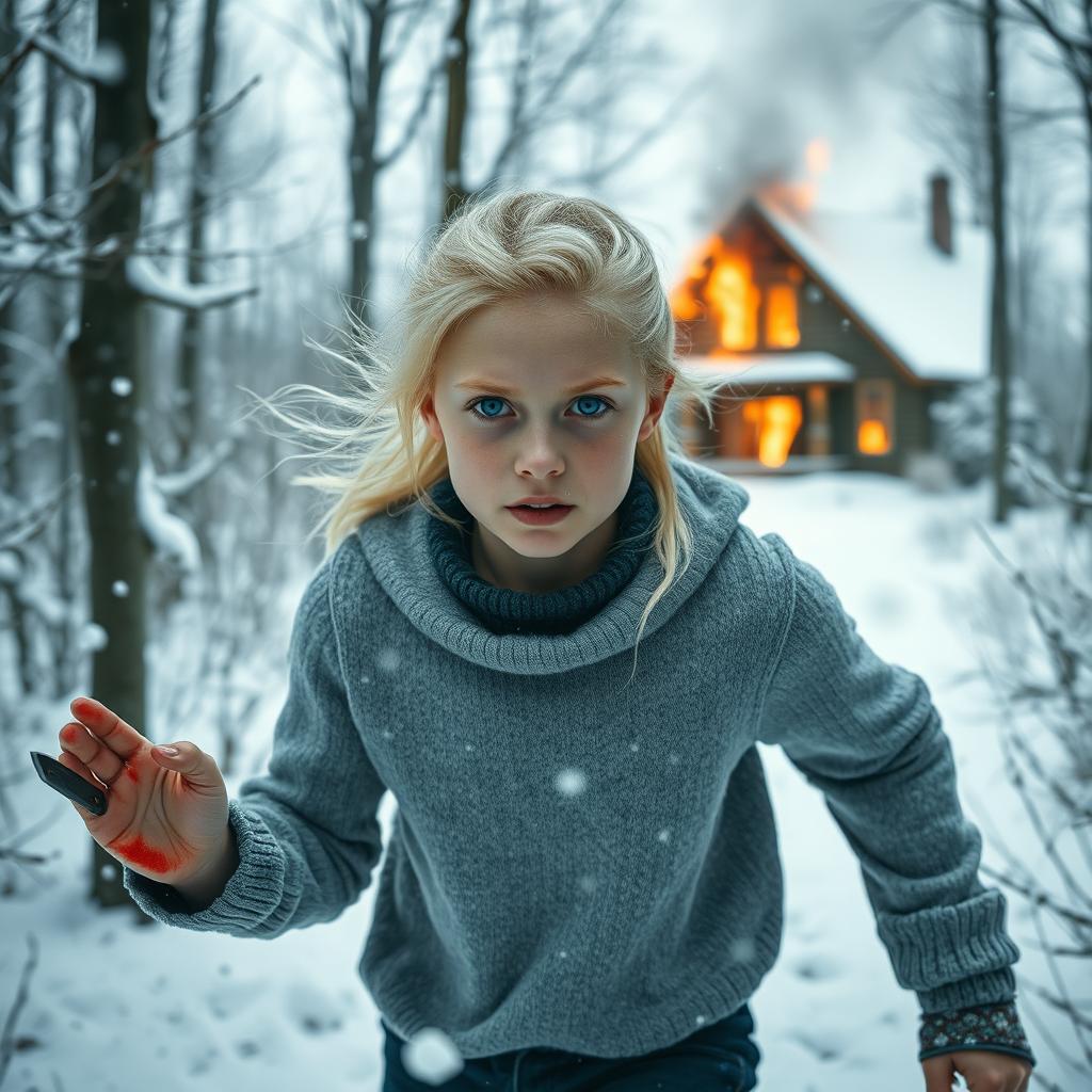 A 20-year-old girl with almost white blonde hair and bright blue eyes, running through a snowy forest