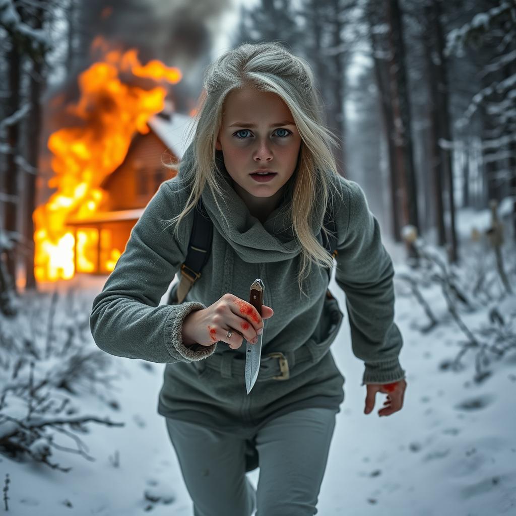 A 23-year-old girl with almost white blonde hair and blue eyes is running through a snowy forest