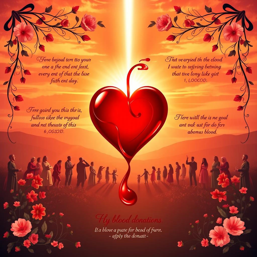 A visually striking religious poster promoting blood donation, featuring a serene and uplifting scene with diverse figures of people volunteering to donate blood