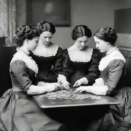 Victorian era fraternity ladies, dressed in period attire, sitting around a large wooden table, attentively assembling jigsaw puzzle pieces.