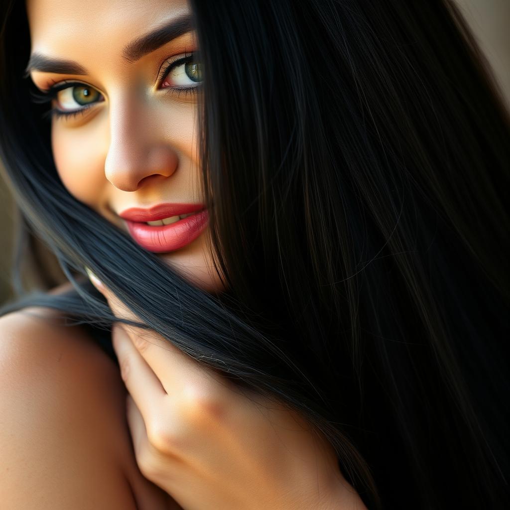 A close-up portrait of a classic beauty, featuring a woman with long, flowing black hair cascading down her shoulders