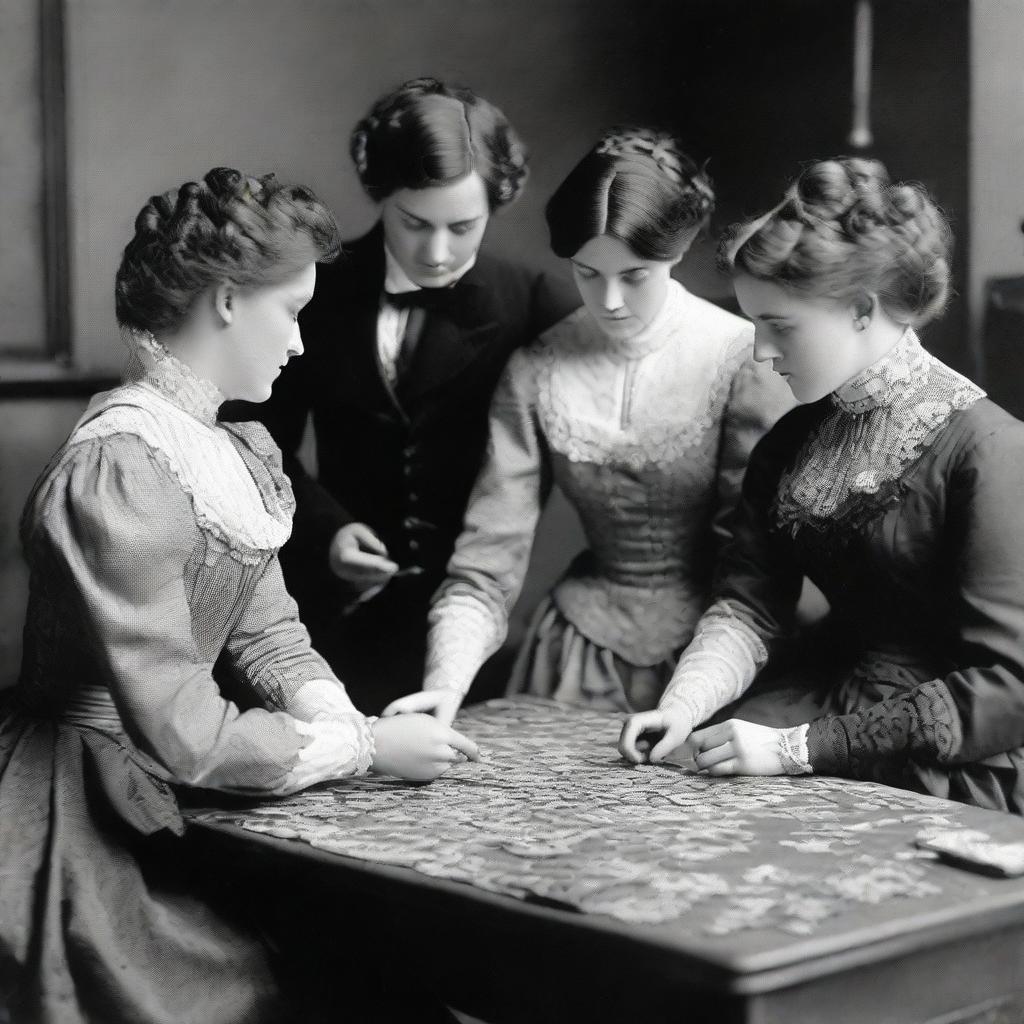 Victorian era fraternity ladies, dressed in period attire, sitting around a large wooden table, attentively assembling jigsaw puzzle pieces.