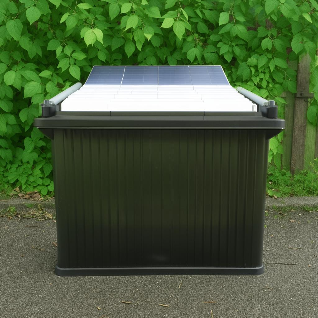 Start with a rectangular bin for the EcoHarvestBin. Add a triangular or square solar panel at the top center of the rectangle representing the solar-powered sensors.