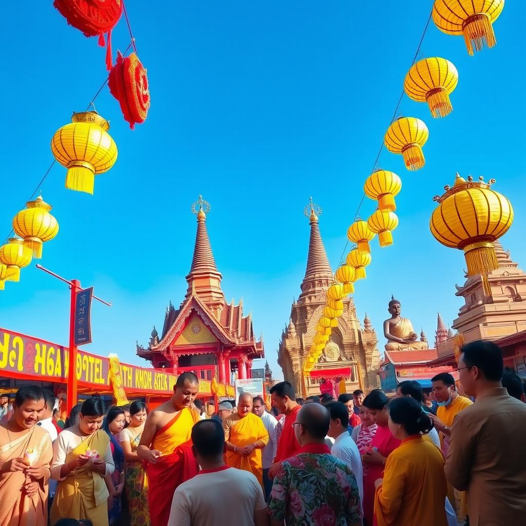 A vibrant and colorful scene depicting a traditional Buddhist festival