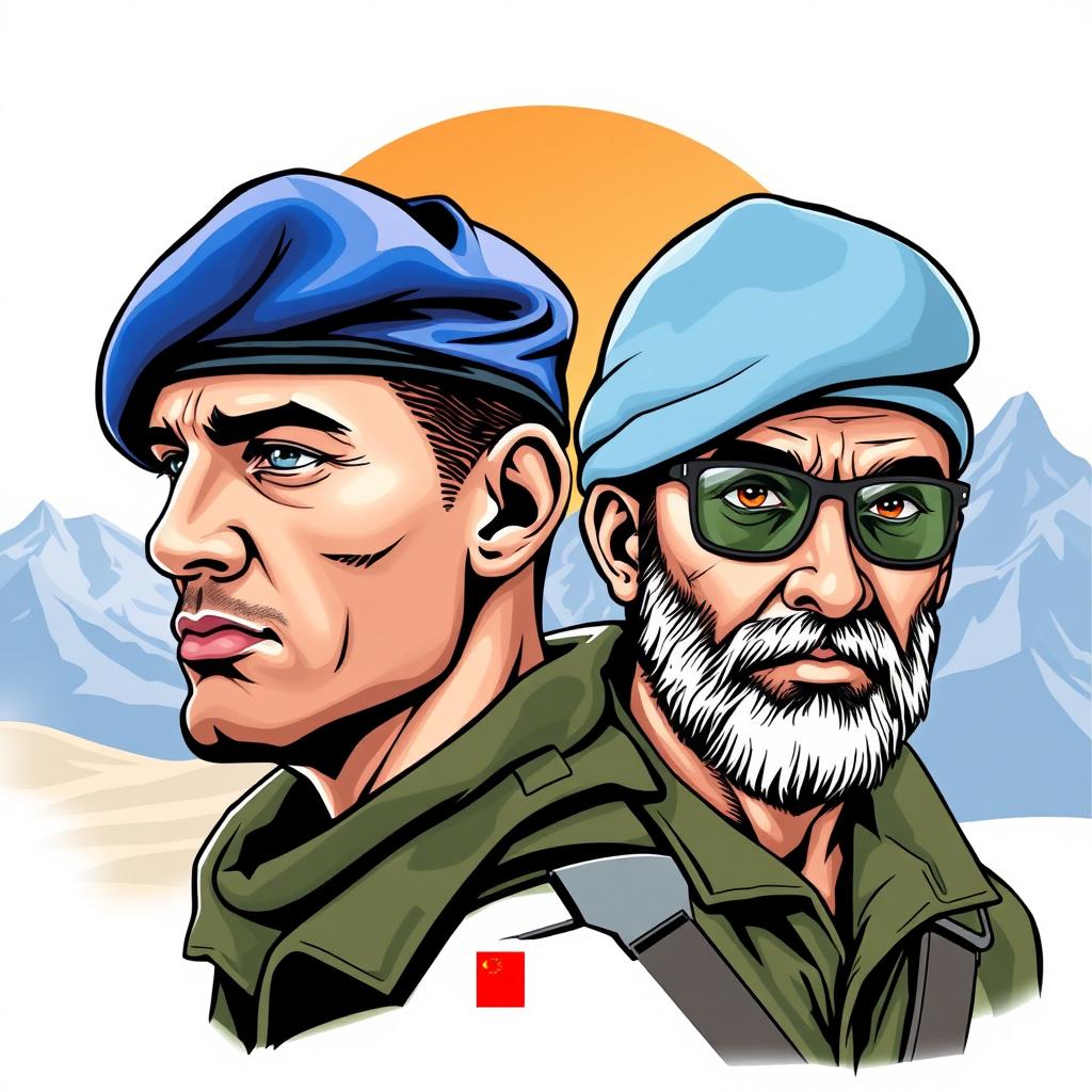 A vibrant and detailed image for a t-shirt design featuring the head of a Jordanian soldier and a French alpine hunter, both wearing their respective berets